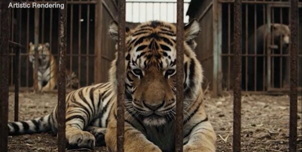 A tiger in a cage