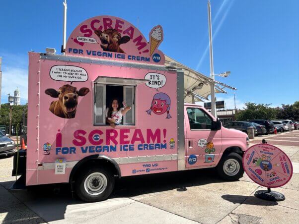 A pink 'ice cream' truck with PETA messaging