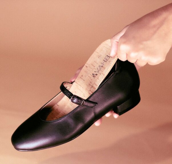 Black vegan ballet flat from Bhava, showing cork insole