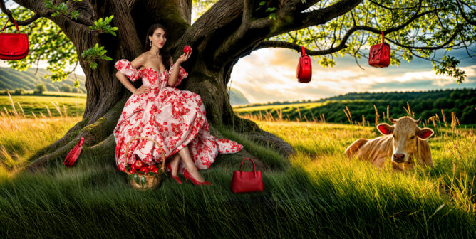 Caylee Cowan sitting under a tree at sunset with a cow laying down in the grass