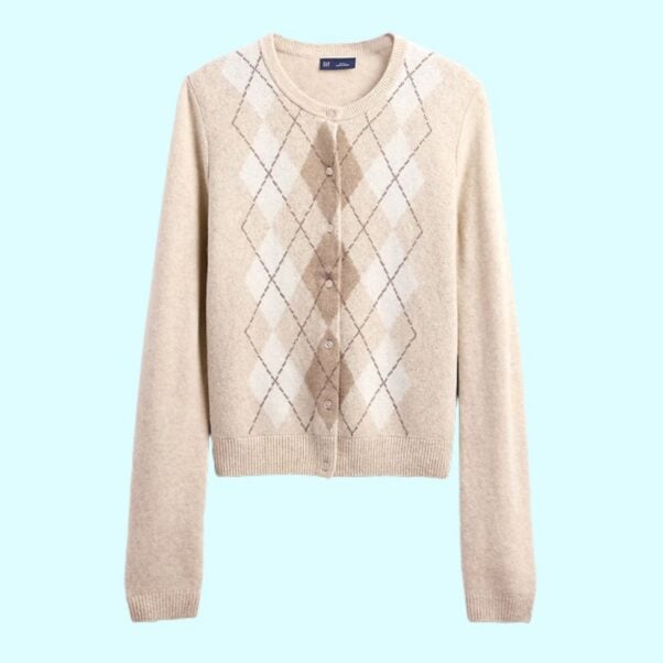 Gap CashSoft Crop Cardigan in Winter Green Argyle