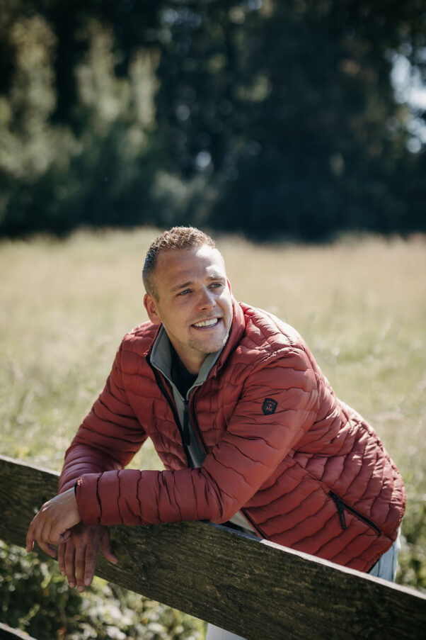 man wearing vegan down jacket