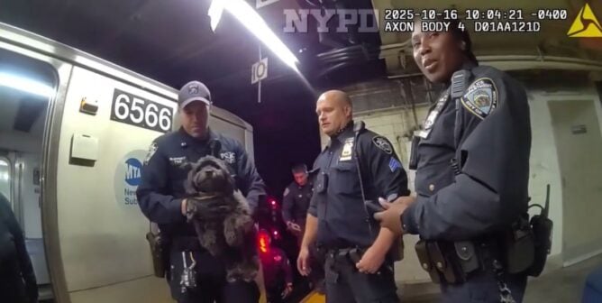 NYDP body cam footage showing an officer holding Moose, a fluffy black dog