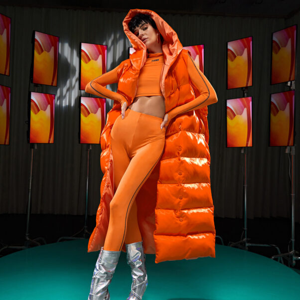 model in puffer jacket