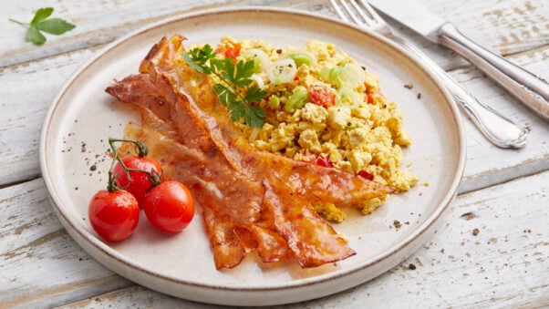 Vegan scrambled eggs and bacon