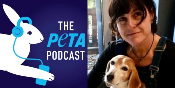 Melanie Kaplan with Hammy the beagle and the PETA podcast logo