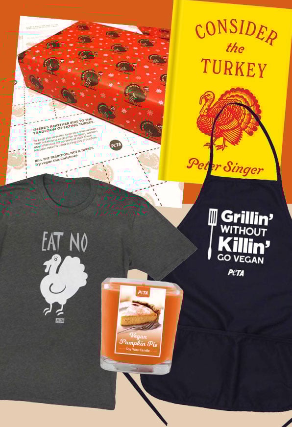Various Thanksgiving themed items for sale in the PETA Shop