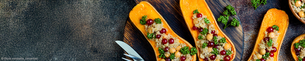 Butternut squash stuffed with quinoa and greens