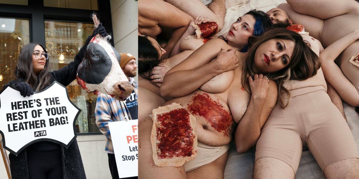 Person holding up faux cow's head and a pile of people on the ground