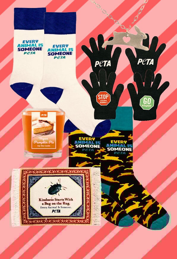 Various holiday items on sale in the PETA shop