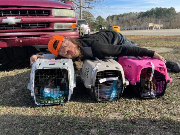 Fieldworker embracing three cat carriers