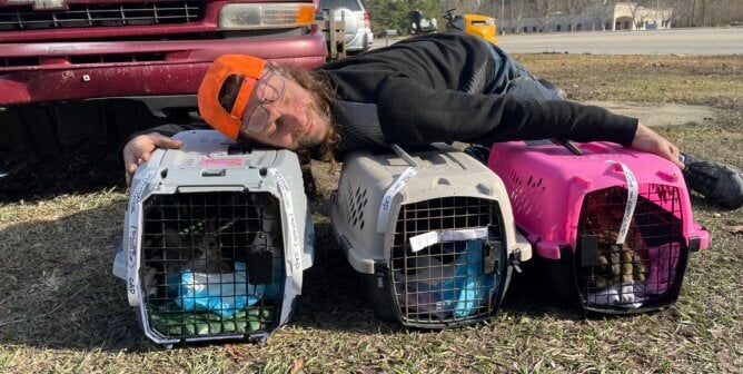 Fieldworker embracing three cat carriers