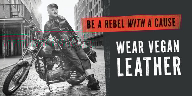 Alan Cumming in vegan leather with slogan "Be a Rebel With a Cause"