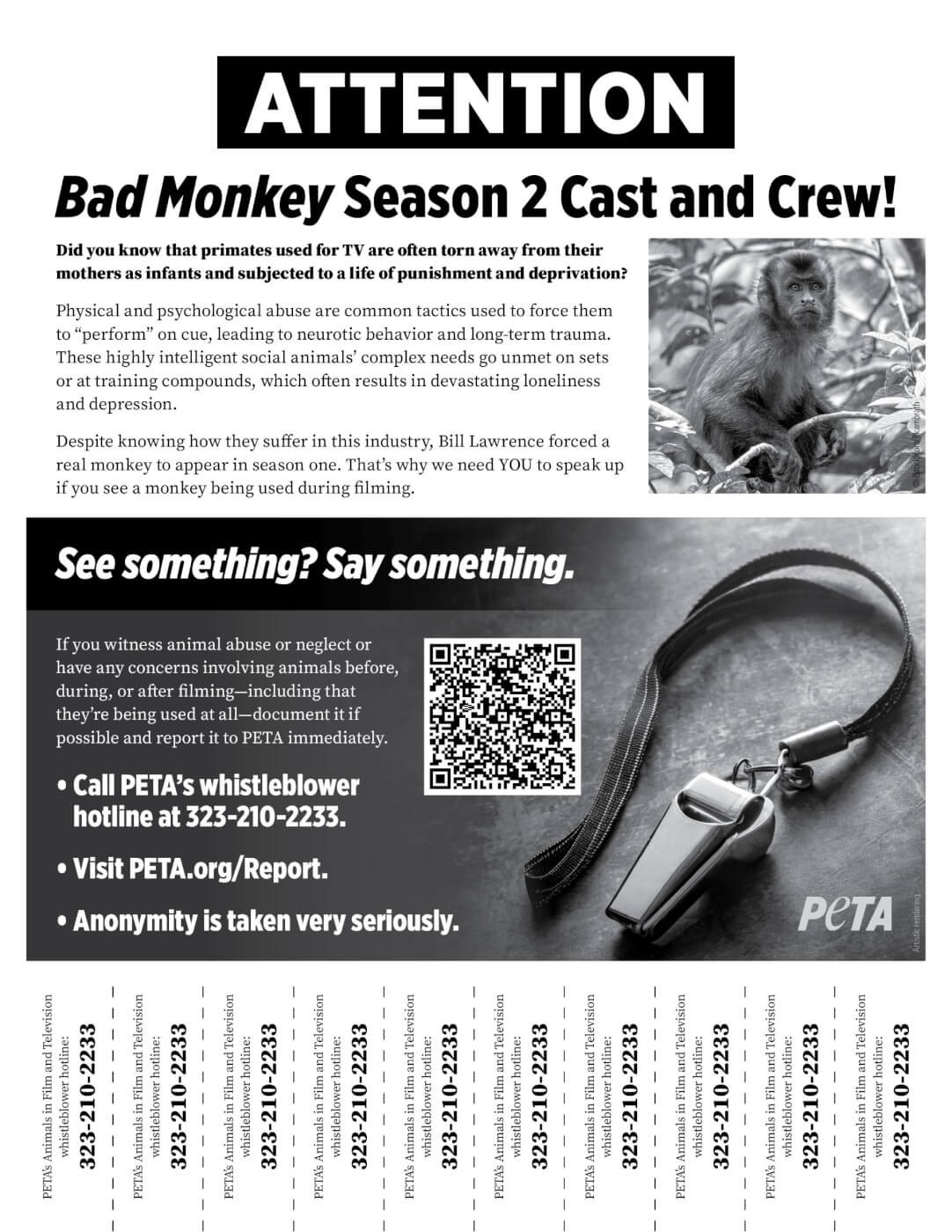 See Something? Say Something!&nbsp;Bad Monkey&nbsp;Cast and Crew Urged to Report Animal Abuse to PETA