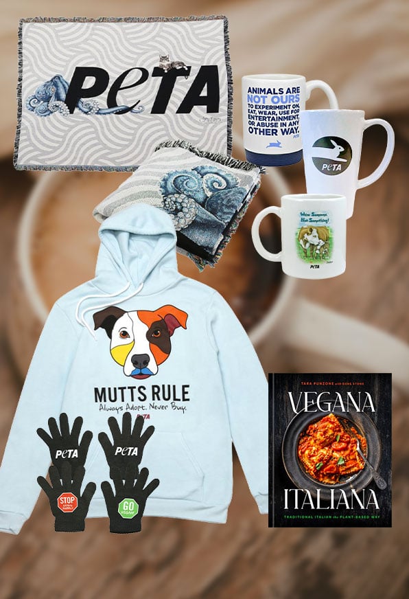 Various products for sale at the PETA Shop