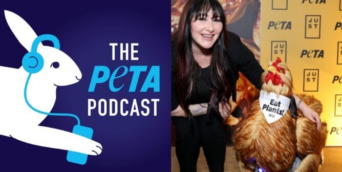 PETA podcast logo and photo of Tiffany with Hennifer Coolidge at the Grammys