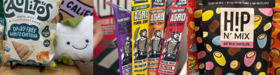 collage of Caulito's chips, Agro power jerky, and H!P N' MIX