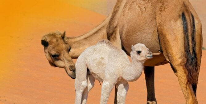 A mother camel looks over her calf