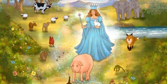 An illustration of a woman with many animals