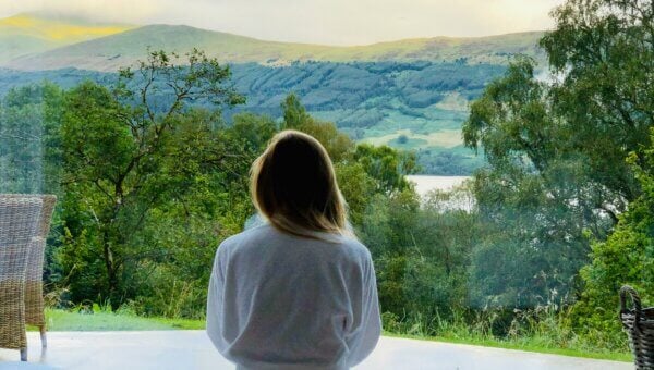 Person looking out at a lush landscape
