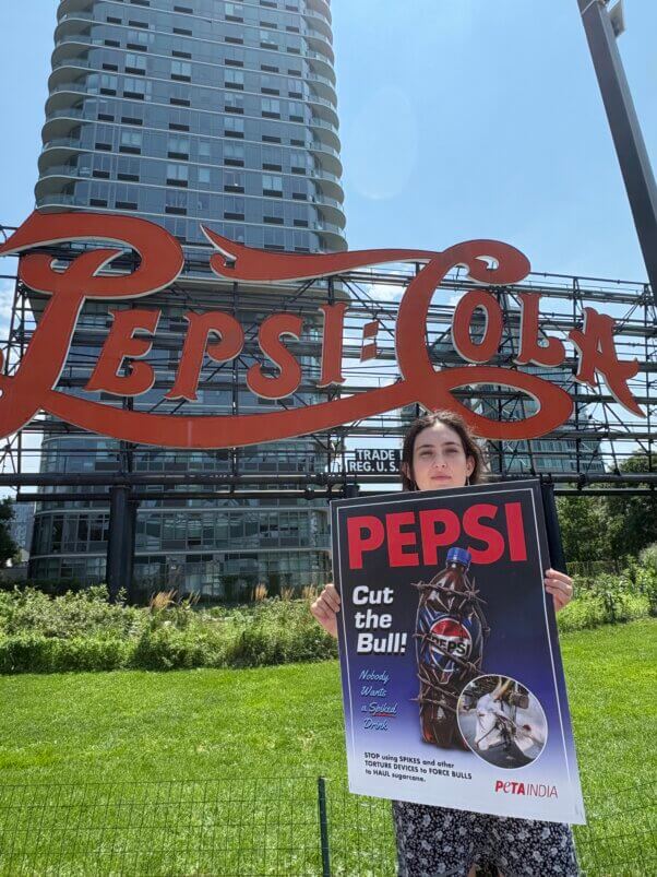 A PETA supporter holds a sign criticizing Pepsi's treatment of bulls in front of the iconic Pepsi-Cola sign.