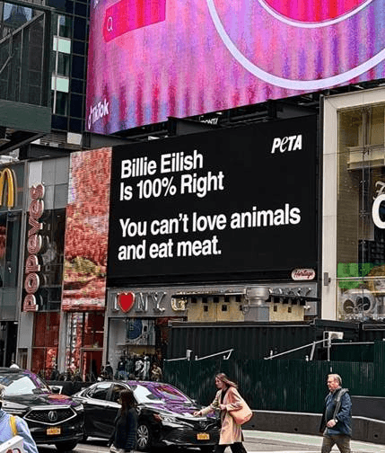 ‘Billie Eilish Is Right’: PETA Backs Up Singer’s Vegan Appeal With Massive Times Square Message