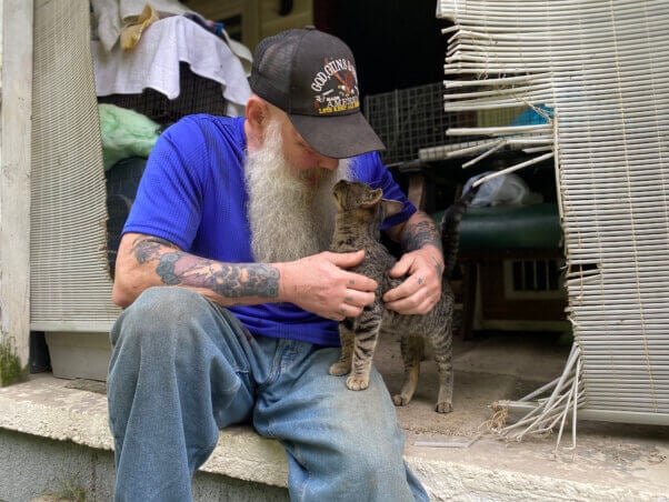 Man petting a kitten