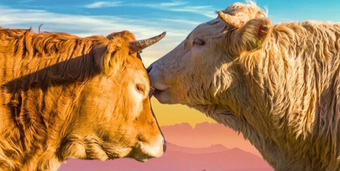 A close up of a young blond bull placing a kiss on the head of a young brown bull.