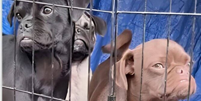 pugs in pen on skid row in los angeles