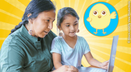 mother and kid at computer with a waving chick GIF