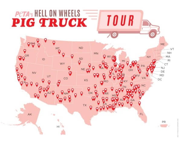 PETA Hell on Wheels Pig Truck tour map
