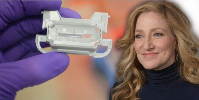 Photo of Edie Falco and a still from the documentary The New Gold Standard