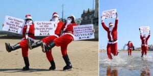 Costumed Santas on the beach