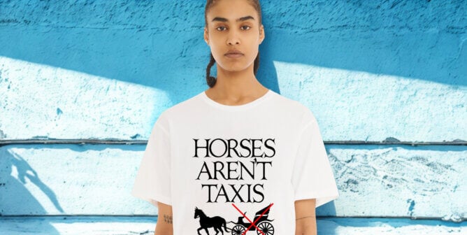 Collina Strada/PETA collaboration t-shirt reading "Horses Aren't Taxis"
