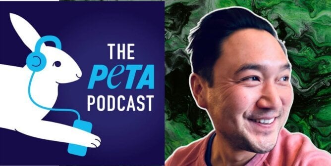 A photo of author Paul Yoon and the PETA podcast logo