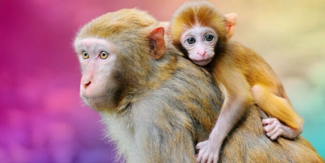 Baby rhesus macaque on their mother's shoulders