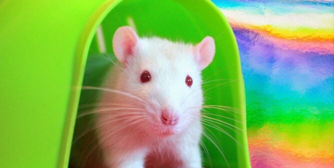 White rat in a green shelter
