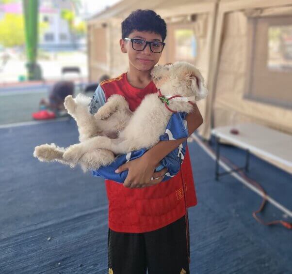 Guardian holding fluffy white dog at PETA's spay/neuter clinic in Cancun.