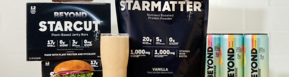 A promotional photo from Beyond showing Beyond Immerse protein drinks, Beyond Starmatter protein powder, and Beyond Starcut jerky bars.