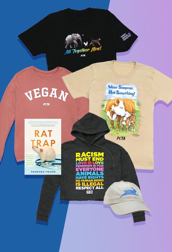 Various shirts and items for sale at the PETA Shop