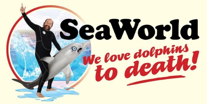 Ad featuring Actor Brett Gelman reading "SeaWorld: We love dolphins to death!"