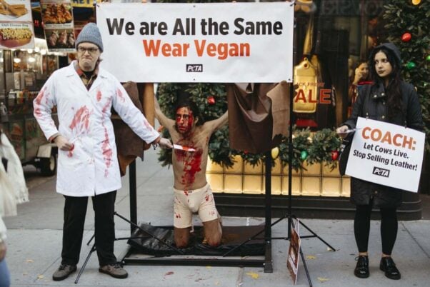 A “skinned” PETA supporter exposed the cruelty behind leather outside a Coach store in New York City on “Free the Animals” Friday.