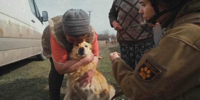 Woman hugging dog