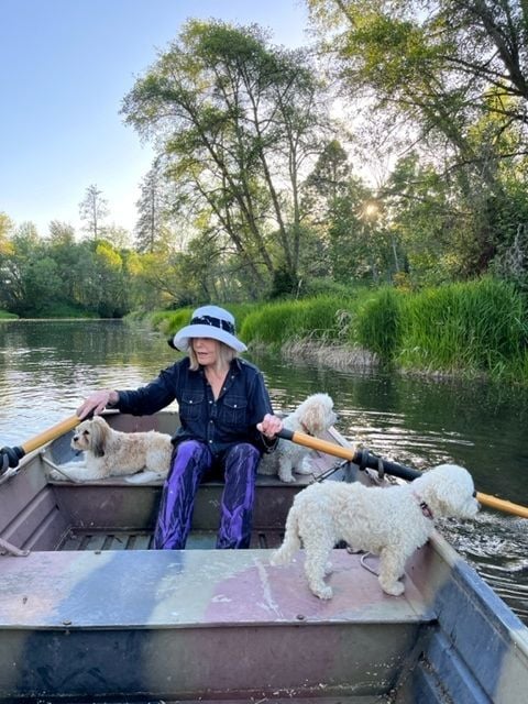 Kim Novak and three dogs in a rowboat
