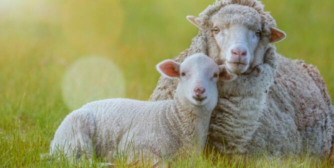 Young sheep in the field cuddling with their mother