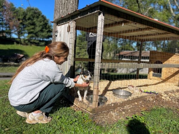 A woman pets a small dog in an enclosure during PETA fieldwork in Southwest Virginia